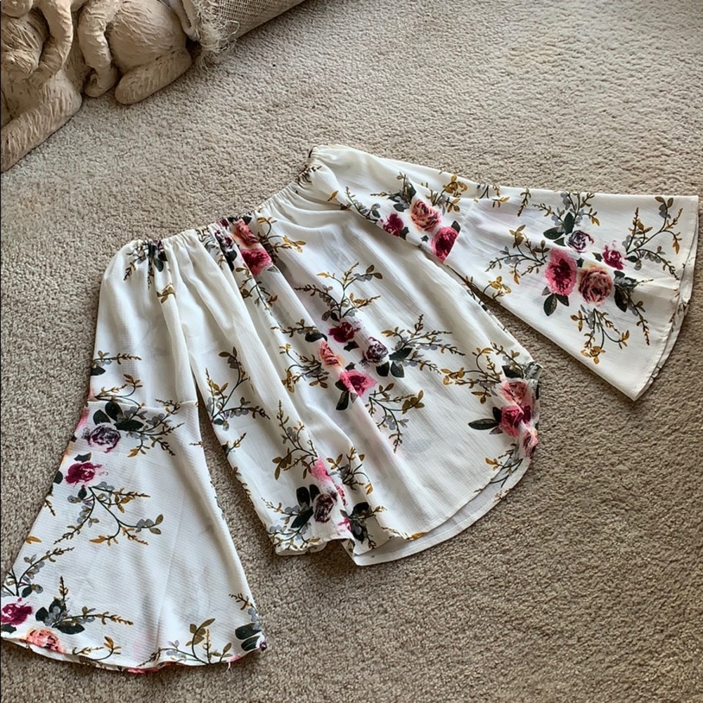 Cream floral off-the-shoulder top w/ bell sleeves